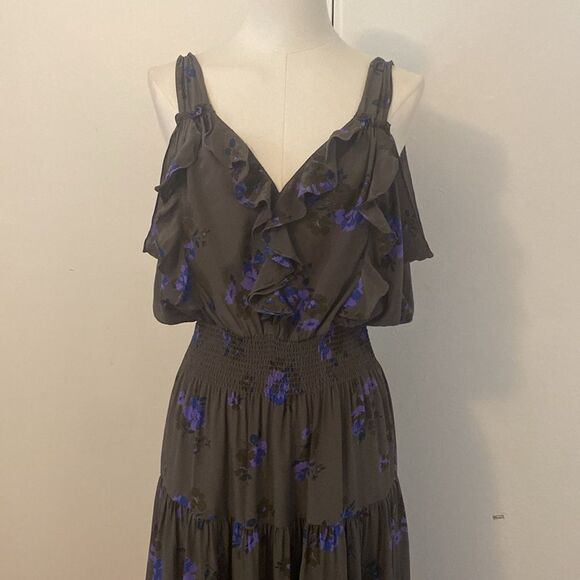 Rebecca Taylor Gray Silk Floral Maxi Dress Size 8 - Picture 3 of 12